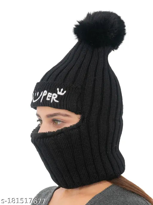 Striped wool beanie, KHM Women's soft knitted monkey cap with fur and pom-pom - Indian handcrafted winter accessory