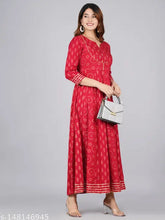 Gold printed rayon Anarkali Kurta, three-quarter sleeves, Indian festive wear in sizes M, L, XL, XXL