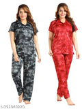 Satin print nightwear set, women's and girls loungewear suite (CIMBO) by Malani, pack of 2 pcs with short sleeves