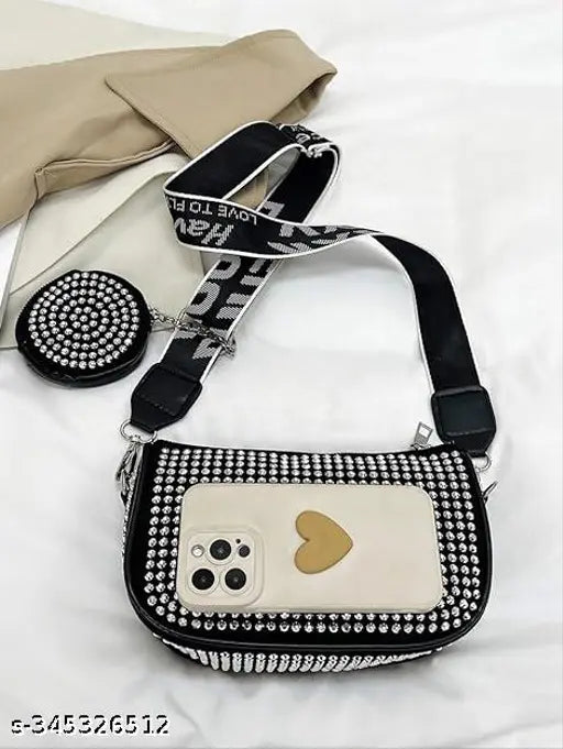 White & black PU mini rhinestone sling bag with coin purse, stylish and trendy women's accessory
