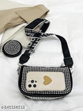White & black PU mini rhinestone sling bag with coin purse, stylish and trendy women's accessory