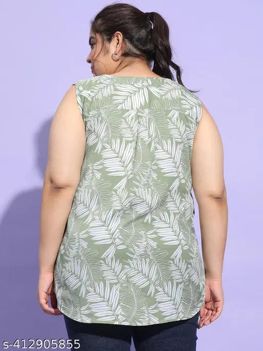 Plus size tropical print green & white top, sleeveless polyester, vibrant design, versatile party wear