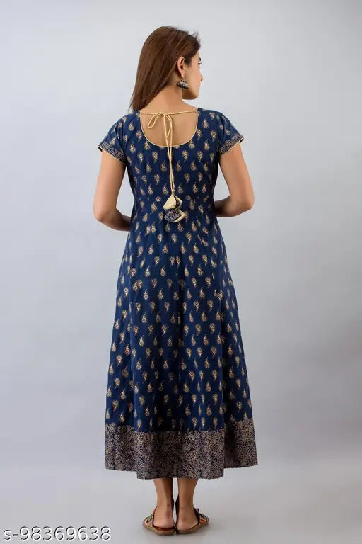 Navy cotton paisley print Anarkali kurta with gold details and short sleeves, Indian ethnic wear for women