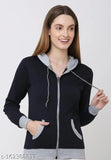 Navy Blue fleece zipper hoodie jacket, solid pattern, long sleeves, S to XL sizes available