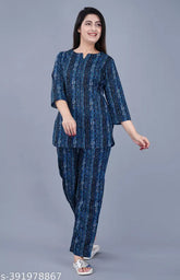 Blue cotton pyjamas with three-quarter sleeves and printed net pattern, work-from-home or rest-from-home comfort, India origin