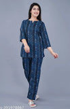 Blue cotton pyjamas with three-quarter sleeves and printed net pattern, work-from-home or rest-from-home comfort, India origin