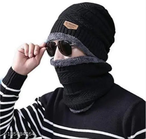 Wool winter beanie hat, scarf set with face cover (balaclava), fur-lined for man and woman. Thandi ka ilaj Topa from India