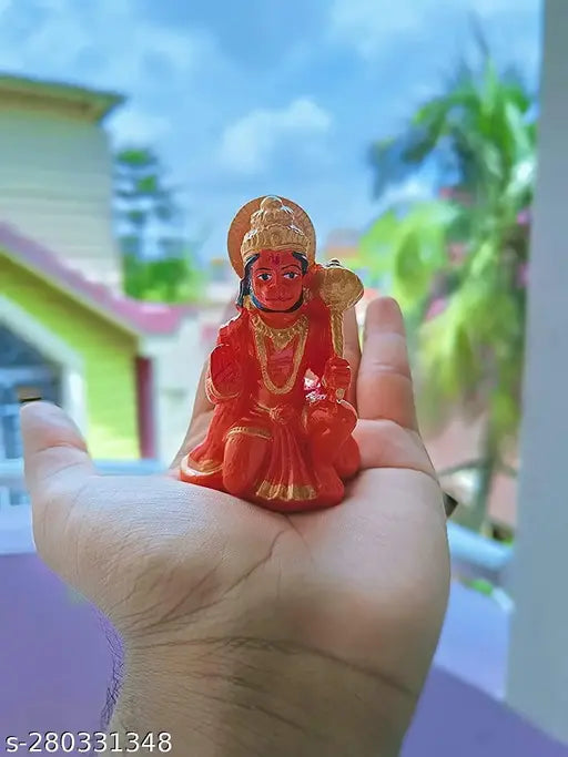 Orange marble Hanuman Ji idol in blessing posture, detailed polyresin sculpture for temple car dashboard decor or home gift