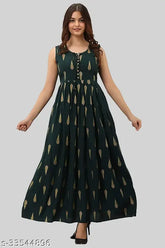 Dark green rayon sleeveless gown with tilak printed, Indian bridal attire