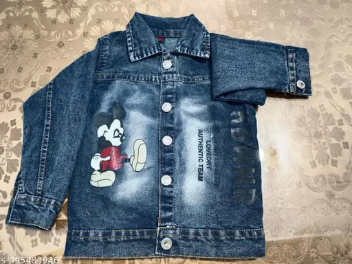 Modern denim jacket, printed pattern, quality children's wear (size 1-2 yrs: chest 10in/waist 10in, size 5-6 yrs: chest 14in/length 19in/waist 14in), made in India