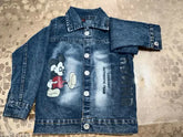 Modern denim jacket, printed pattern, quality children's wear (size 1-2 yrs: chest 10in/waist 10in, size 5-6 yrs: chest 14in/length 19in/waist 14in), made in India