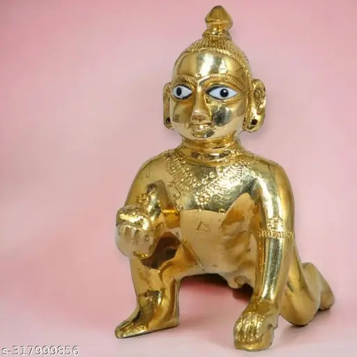 Golden brass Laddu Gopal Krishna idol, 7cm x 8cm x 7cm, Indian origin