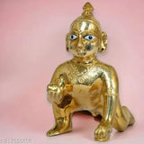 Golden brass Laddu Gopal Krishna idol, 7cm x 8cm x 7cm, Indian origin