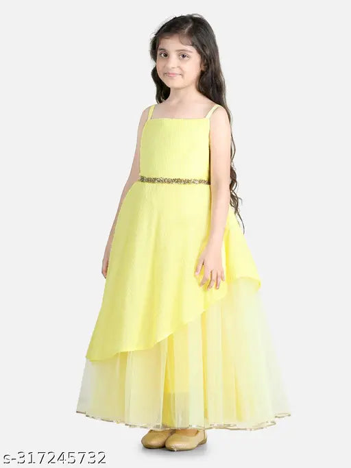 Yellow net sleeveless party gown dress for girls, printed with toy balloons on full length, 2-3 years size