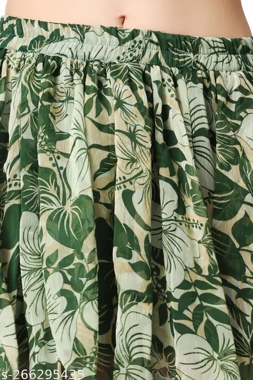 Green chiffon floral mini skirt, printed flared design, soft and comfortable fabric, trendy fashion for women's and teens sizes 26-34