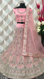 Heavy pink net Lehenga-Choli with embroidery work, semi-stitched blouse, and dupatta. Perfect for festive occasions, traditional or casual events. Indian designer embellishments