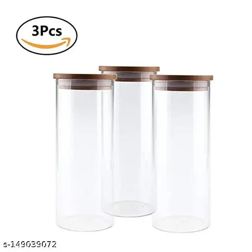 Clear glass kitchen storage jar set with bamboo lids (Pack of 3), ideal for airtight storage and multi-function use in the kitchen