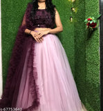 Pink net choli with wine blouse and ruffle dupatta, embellished with mirror work. Indian bridal or partywear lehenga set