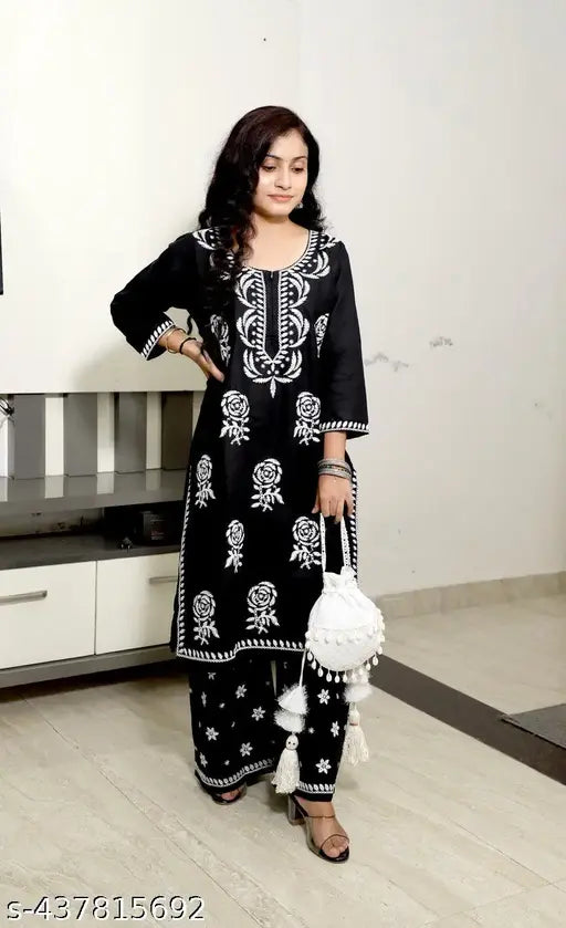 Rayon embroidered women's & girl's kurta & Palazzo set, three-quarter sleeves, embellished net design. India origin