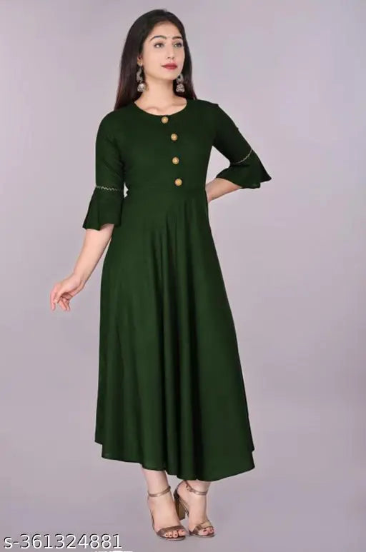 Dark green rayon flared kurti, stylish Anarkali design for casual or semi-formal wear