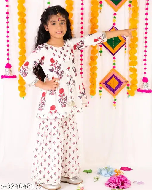 White floral cotton kurti-sharara set with gota detailing, three-quarter sleeves and A-line shape. Traditional ethnic Indian wear for girls aged 6 months to 9 years in soothing white floral print