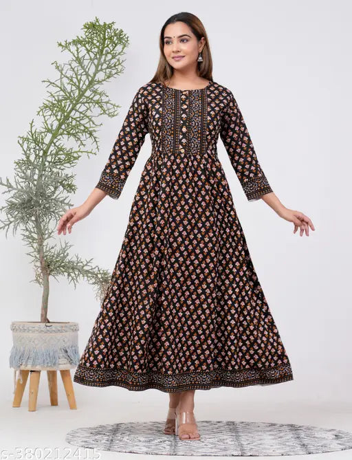 Stylish black rayon Anarkali kurtis, multi-colored floral print for women's fashionable attire