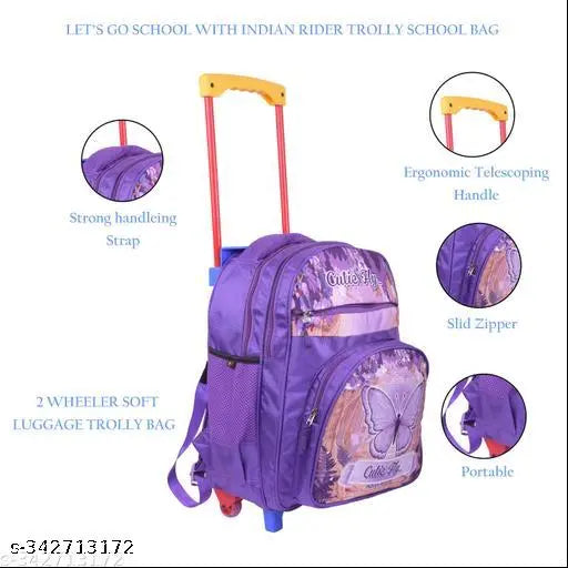 Purple waterproof trolley bag, Indian Riders Cutie Butterfly design. Durable polyester net backpack for kids school essentials, suitable for children aged 2-8 years