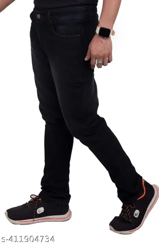 Stylish black denim full-length jeans for men, fashionable cotton party wear with knitts detail