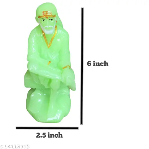 Light green poly resin Sai Baba statue decorative showpiece, 15 cm tall with night glow effect