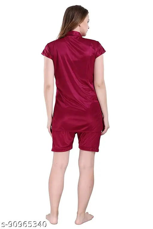 Dark pink satin night suit: 1 shirt & 1 shorts set, best quality satin for comfortable sleepwear
