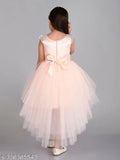 Peach layered hi-low net dress for girls aged 1-4 years, embellished with toy balloon motif. Product of India." (118 characters)