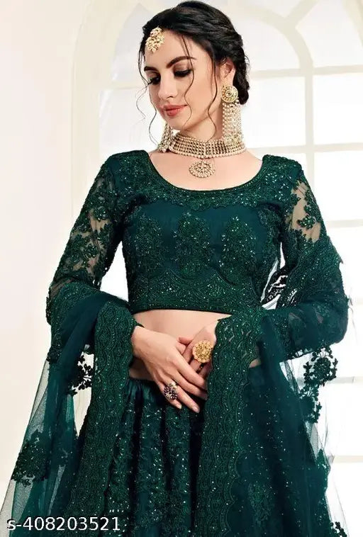 Heavy embroidered bridal lehenga choli set, elegant ethnic net fabric on Indian women