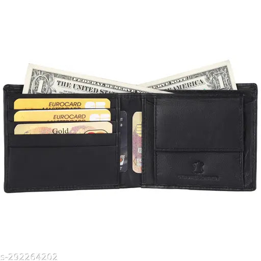 Black genuine leather men's wallet, RFID protected with 2 compartments from WILDCOPE, India