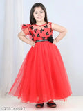 Red embellished net party gown for kids, perfect for celebrations and special events #KidsFashion #PartyGown #GirlsStyle #RedDress #GlamorousWear #EmbellishedDress #CelebrateInStyle #IndianMade
