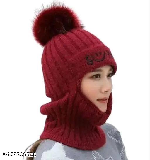 Maroon KANEEKSHI Faux Fur Pompom Winter Cap with Mask - Self-designed woolen onesie, Indian origin