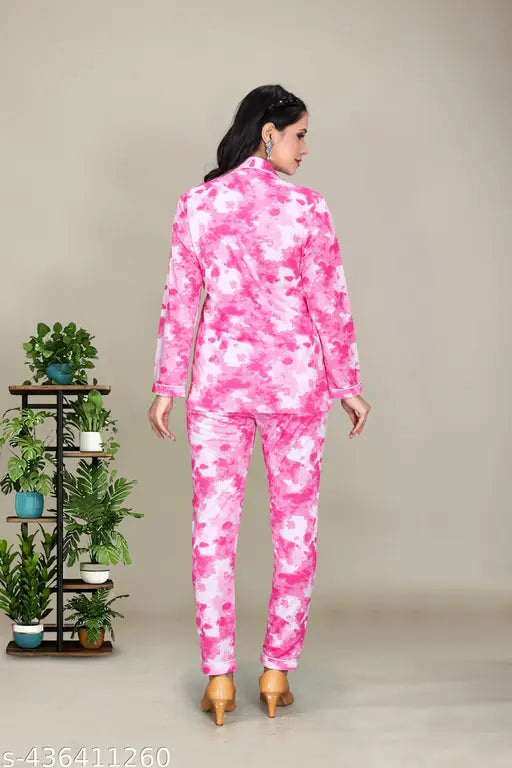 Printed Silk Blend sleepwear set, long-sleeved shirt & pyjama pants in beige with chic prints, elevate your collection - Made in India (S: 36in bust, 28in waist; L: 40in bust, 32in waist)