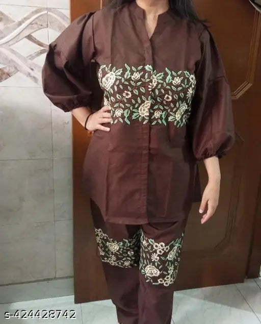 Embroidered brown cotton cord set (top & bottom) for women, features bishop fancy elbow sleeves and wide leg palazzos, traditional wear with 100% quality satisfaction guaranteed