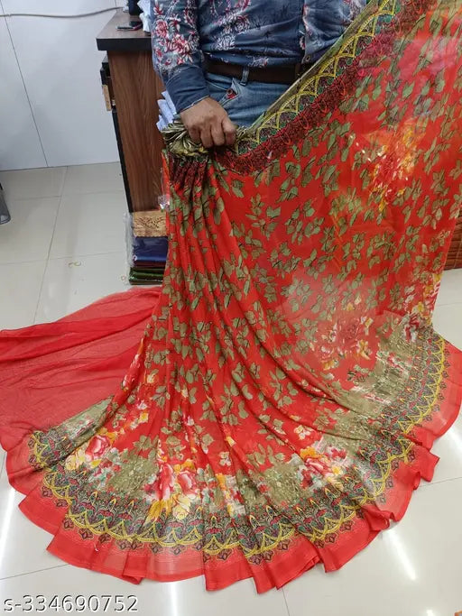 Multi-colored chiffon printed saree for wedding and party wear, free size, India origin