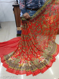 Multi-colored chiffon printed saree for wedding and party wear, free size, India origin
