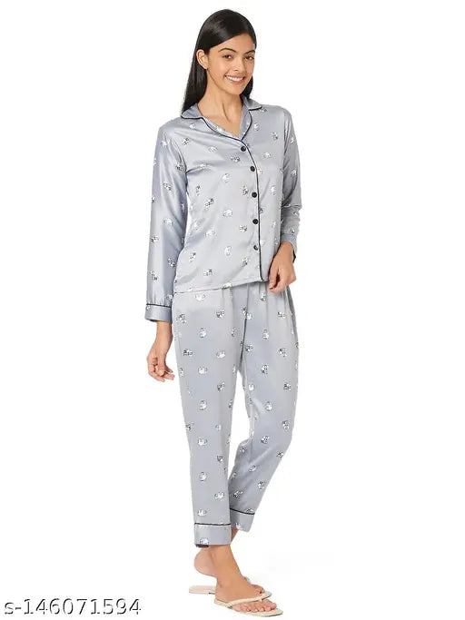 Grey elephant print satin lapel nightsuit for women, quirky and comfortable sleepwear