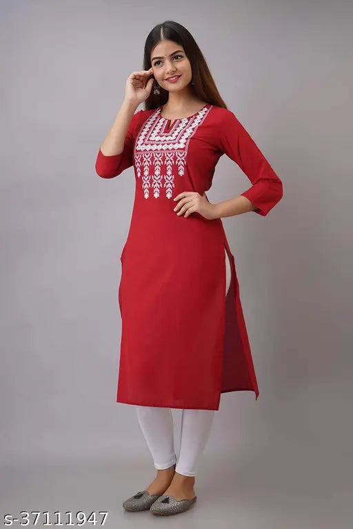 Red rayon embroidery kurti, three-quarter sleeves with intricate patterns. Indian women's fashion on display. (M: Bust 38", Len 42"; L: Bust 40", Len 42")