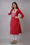 Red rayon embroidery kurti, three-quarter sleeves with intricate patterns. Indian women's fashion on display. (M: Bust 38", Len 42"; L: Bust 40", Len 42")