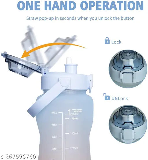 Blue non-toxic, motivational 2-liter water bottle with time marker, leak-proof and portable water bottle for office or gym with silicone straw