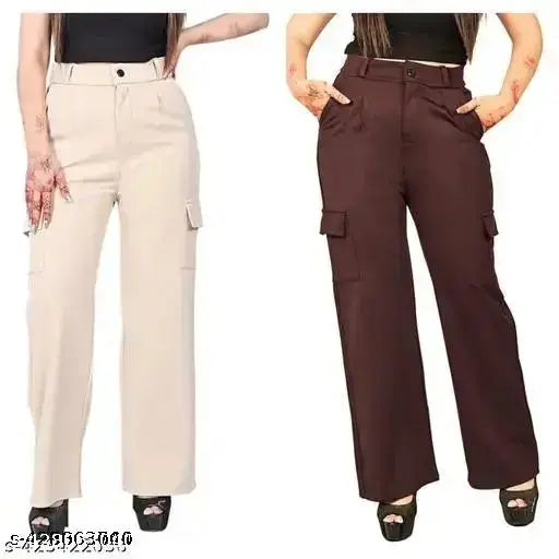 Trendy cotton-lycra women's cargo pant combo set of 2, solid net formal and casual wear