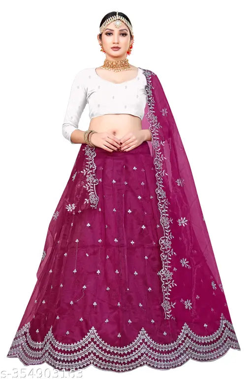 Embroidered semi-stitched dupion silk and net Lehenga Choli with cutwork border, Indian fashionable embroidery work Lehenga Choli free size (44in waist, 43in length)