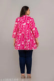 Plus size pink rayon kurti, flared pattern with trendy print, ideal for fashionable women in 46in-56in bust sizes