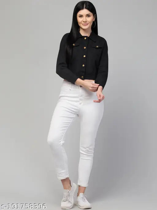 Black denim waistcoat for women, versatile stylish denim jacket with long sleeves and solid pattern, available in sizes S-XL