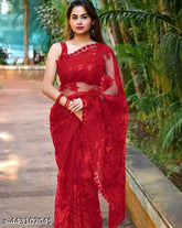 Embroidered net white Aakarsha refined saree with separate blouse piece in satin fabric, India origin