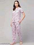 Cotton printed women's night suit shirt and pyjama set, short sleeves, vibrant pattern, available in S, M, L, XL, XXL from India