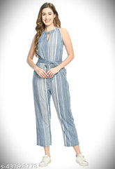 Sky blue & white striped crepe jumpsuit for women, sleeveless, keyhole neck, knotted detail, size S-XL